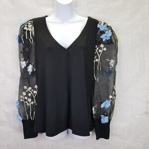 Boston Proper Blouse Sz L 3-D Floral Embellished Organza Sheer Puff Sleeve Black